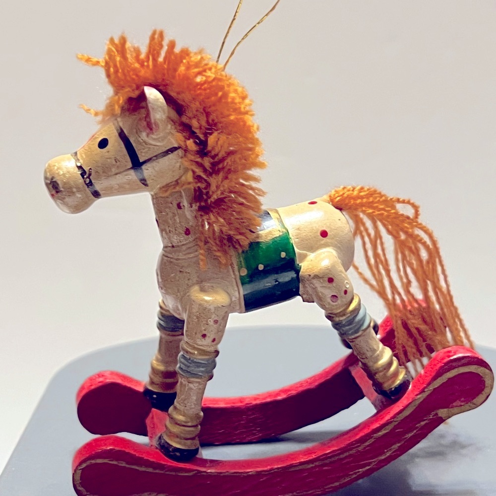 Wooden Rocking Horse Toy Ornament with Red and Green Accents